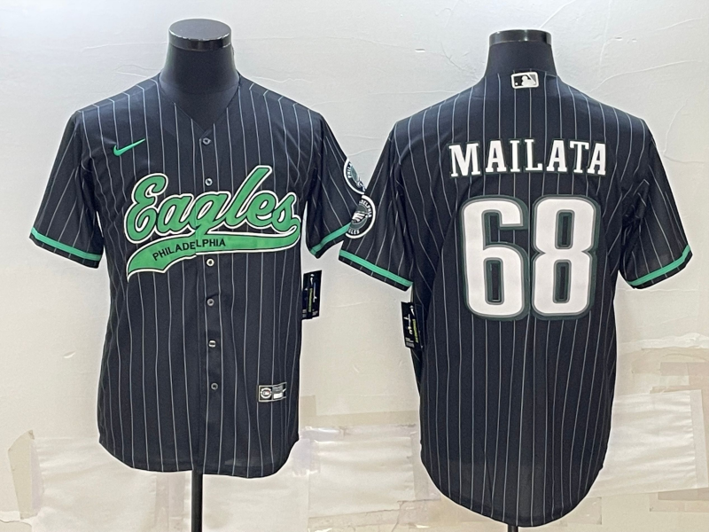 Men's Philadelphia Eagles #68 Jordan Mailata Black With Patch Cool Base Stitched Baseball Jersey